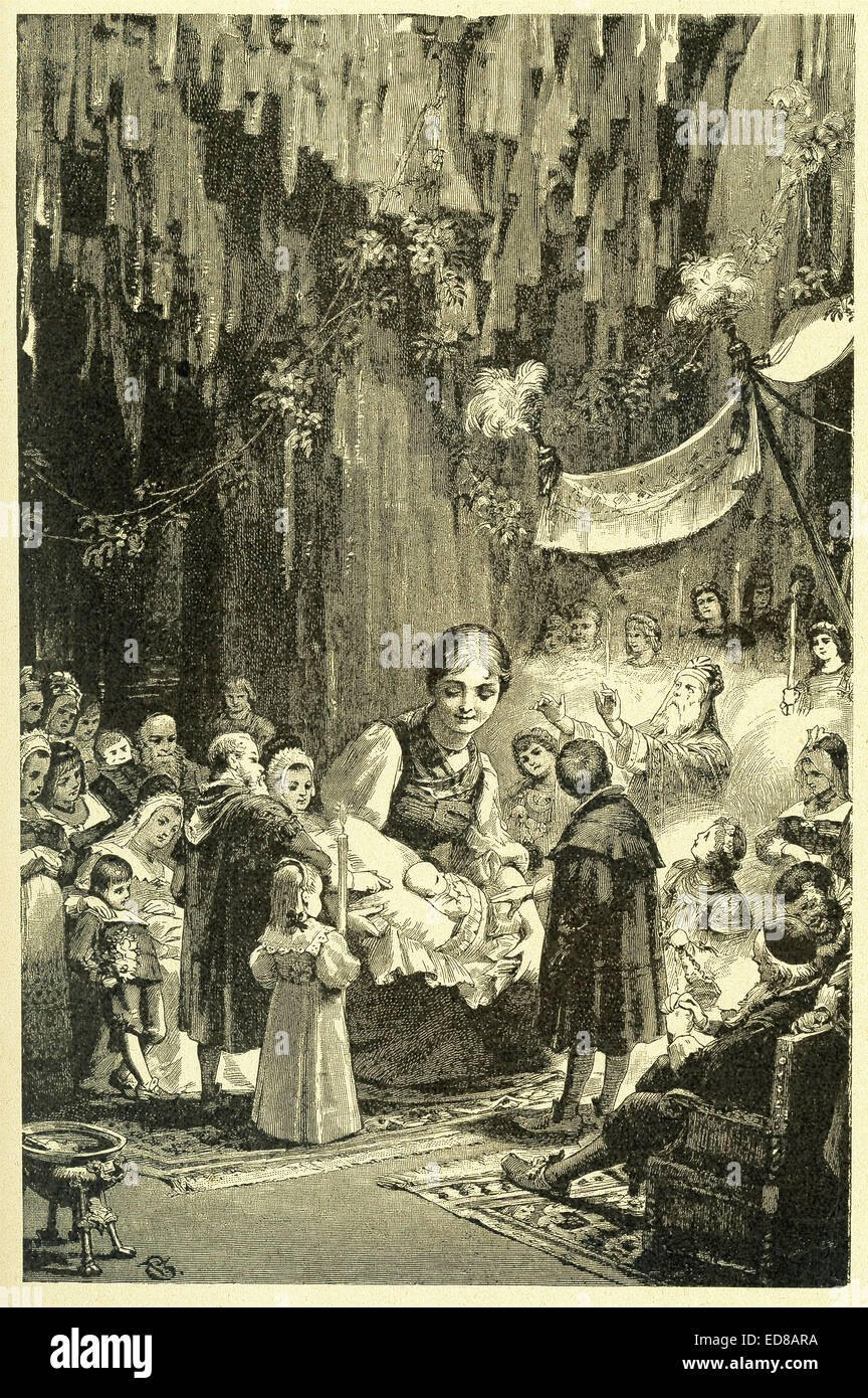 Nel 1812, i fratelli Grimm, Jacob e Wilhelm, pubblicato i Bambini e famiglia racconti, una collezione tedesco favole. Questa illustrazione accompagnato il racconto "Gli Elfi' e mostra la scarsa servo ragazza che gli elfi avevano invitato a casa loro nei boschi per il battesimo di un nuovo nato il bambino. Questa immagine è da Grimms Eventyr (Grimm di favole) da Carl Ewald, pubblicato nel 1922. Il frontespizio è le illustrazioni da Philip Grot Johann e R. Leinweber. Johann era un noto illustratore tedesco e ha fatto di pezzi di Goethe, ma ha considerato i suoi pezzi per Grimm's tales molto importante. Foto Stock