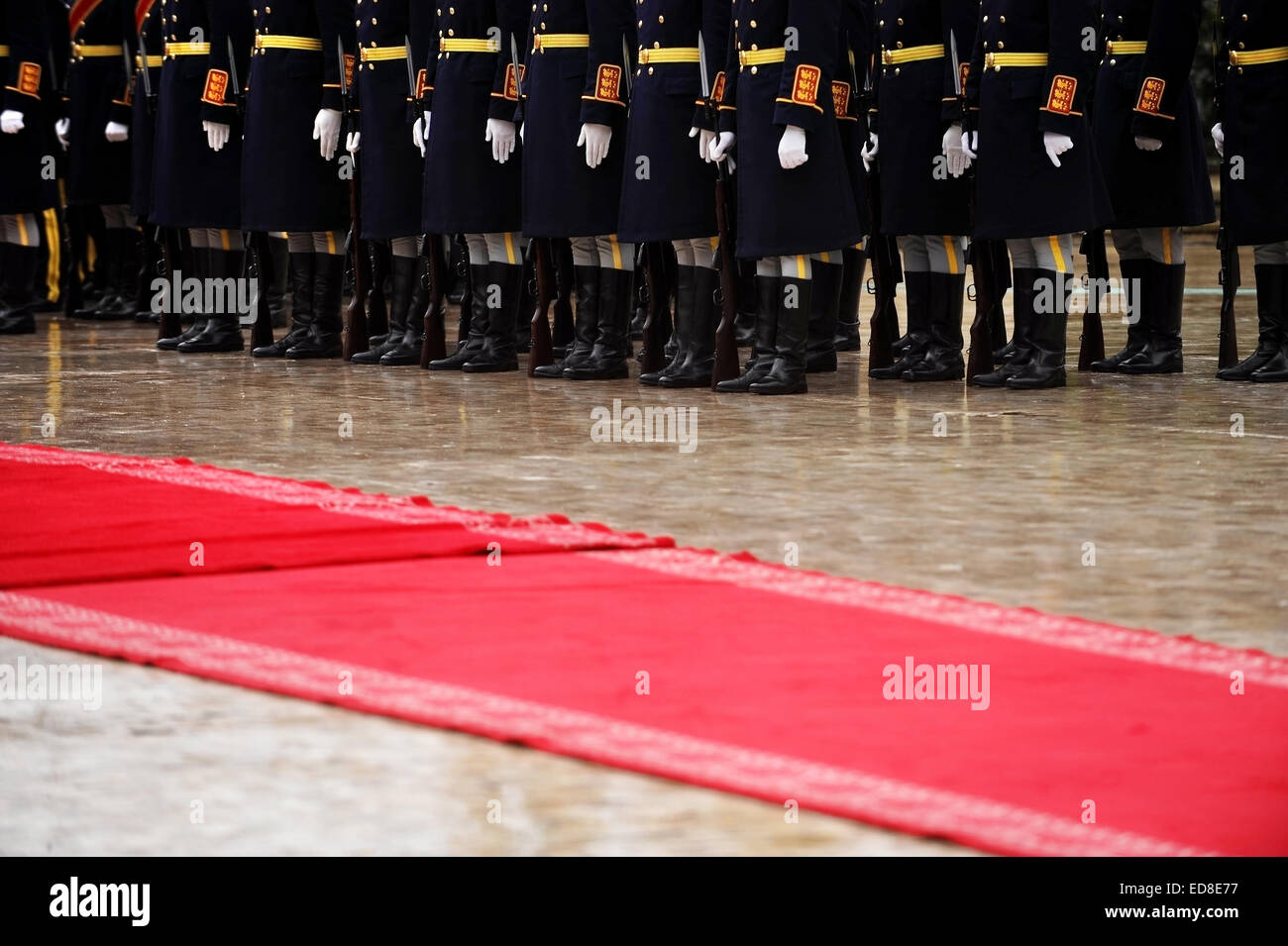 Guardia d'onore soldati nella parte anteriore del tappeto rosso durante la cerimonia militare Foto Stock