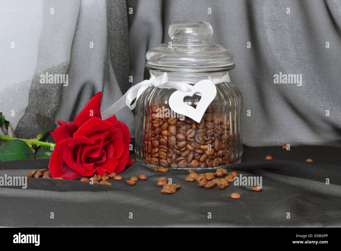 Red Rose e barattolo di caffè Foto Stock