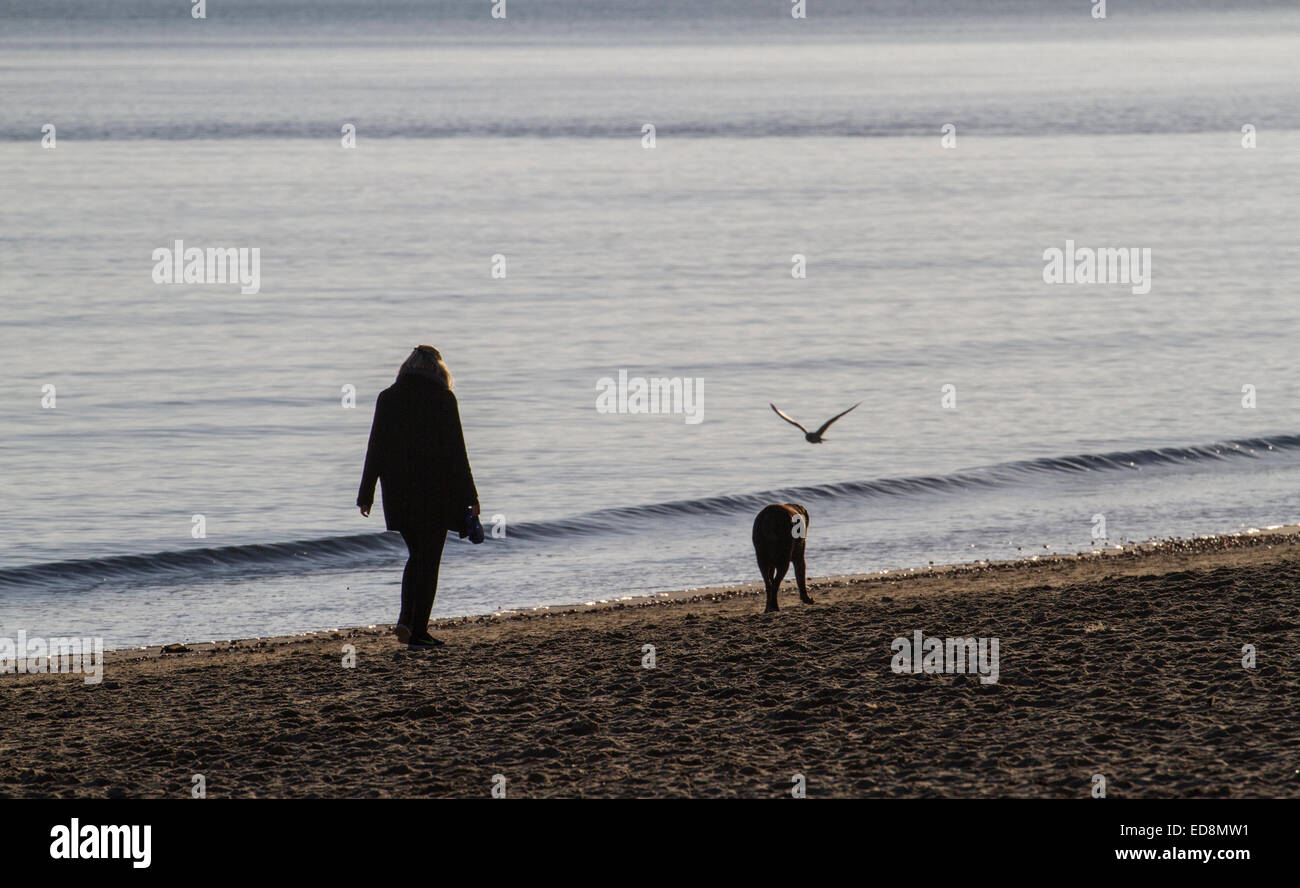 Silhouette di donna e cane a camminare sulla spiaggia litorale Foto Stock