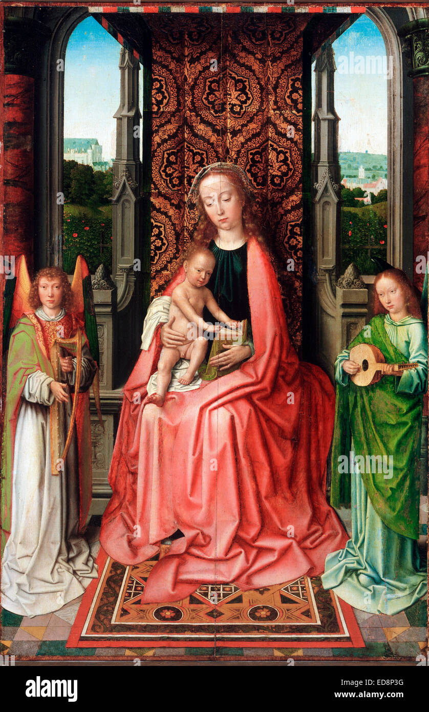 Gerard David, la Vergine in trono con Bambino, Angeli. 1490-1495 Olio su pannello. Philadelphia Museum of Art, STATI UNITI D'AMERICA. Foto Stock