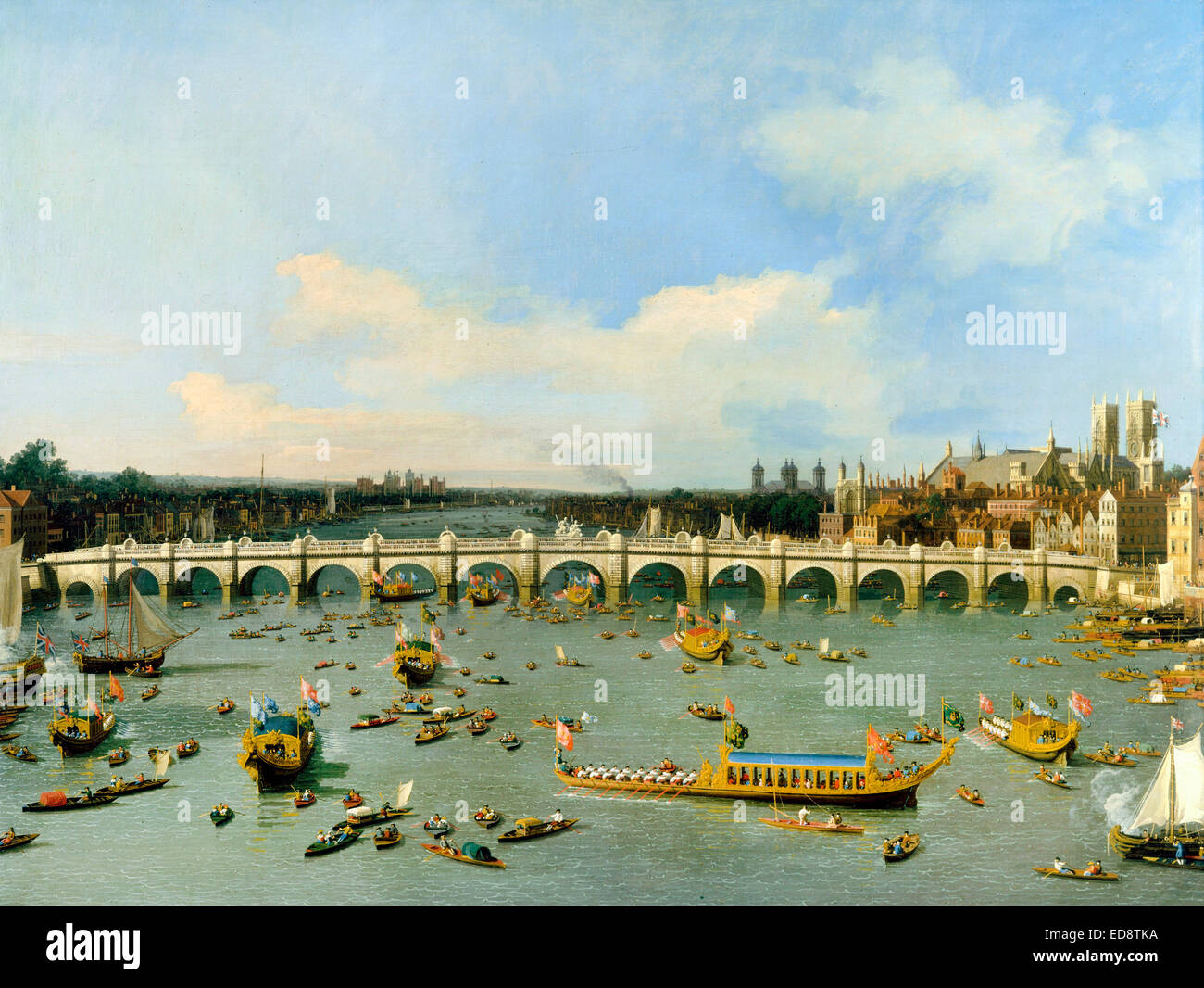 Il canaletto aka Giovanni Antonio Canal, Westminster Bridge, con il Sindaco di processione sul Tamigi 1747 olio su tela. Foto Stock