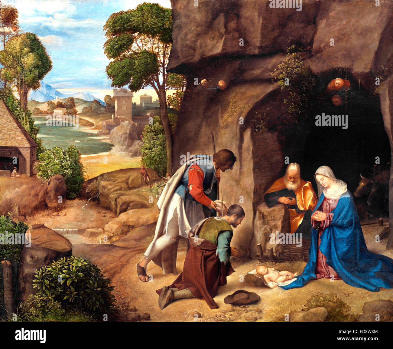 Giorgione, l'Adorazione dei pastori 1505-1510 Olio su tela. National Gallery of Art di Washington D.C., USA. Foto Stock