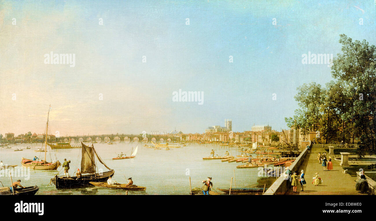 Il canaletto aka Giovanni Antonio Canal, il Tamigi dalla terrazza del Somerset House, guardando verso Westminster. Circa 1750. Foto Stock