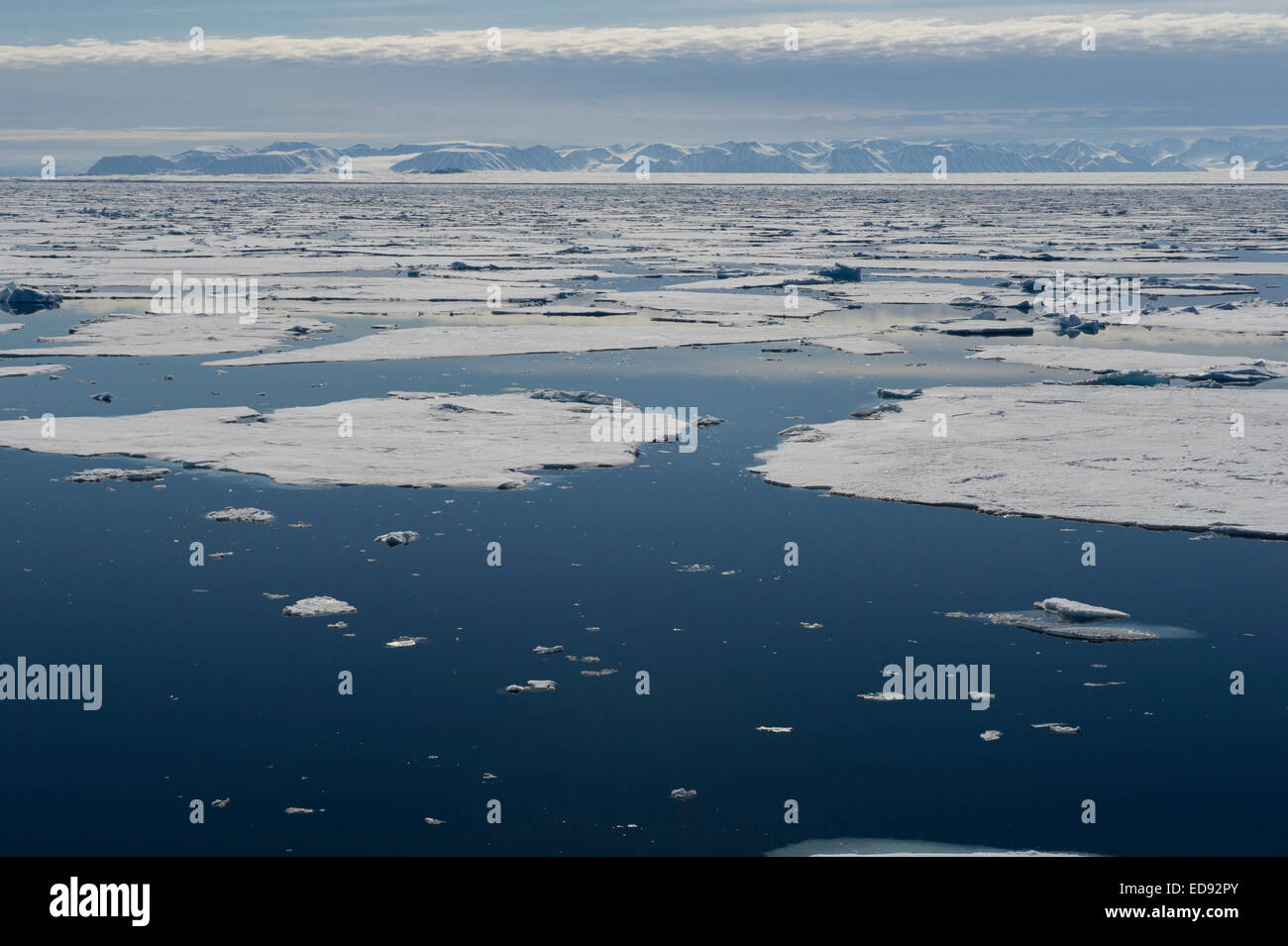 Il mare di ghiaccio e montagne artiche lungo la costa nord occidentale di Spitsbergen sull'arcipelago delle Svalbard Foto Stock