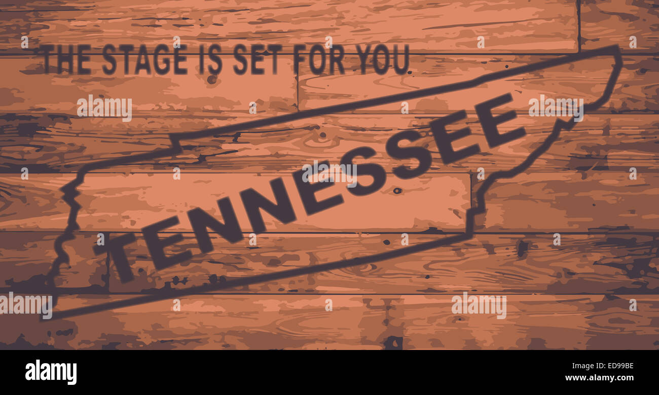 Stato del Tennessee mappa marca su tavole di legno con contorno della mappa e il motto dello stato Foto Stock