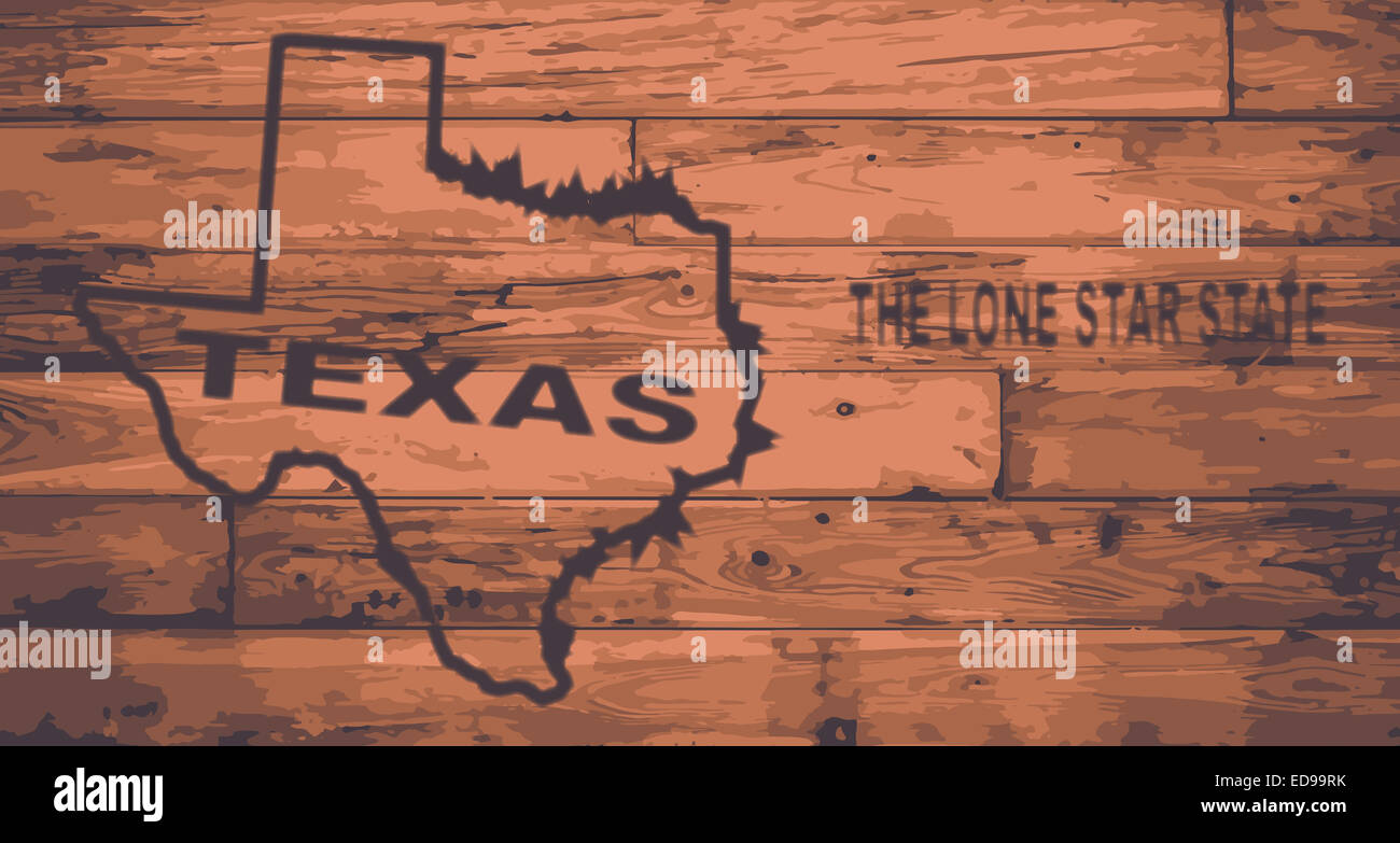 Texas State mappa marca su tavole di legno con contorno della mappa e il motto dello stato Foto Stock