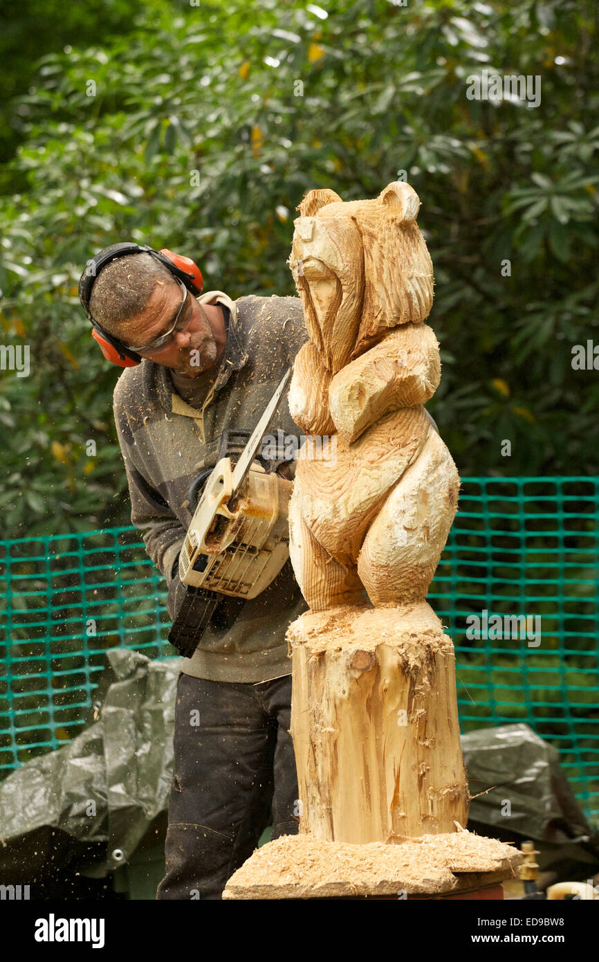 Intagliatore di legno carving un orso fuori del tronco di un albero con una sega a nastro Foto Stock