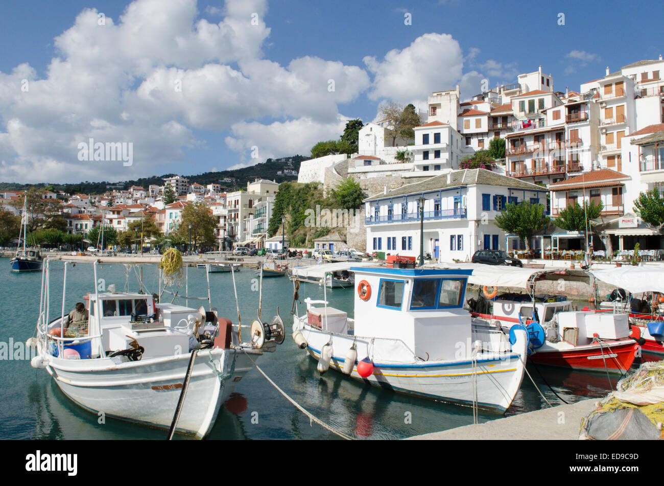 Barche da pesca nel porto di Città di Skopelos, isola greca. Foto Stock