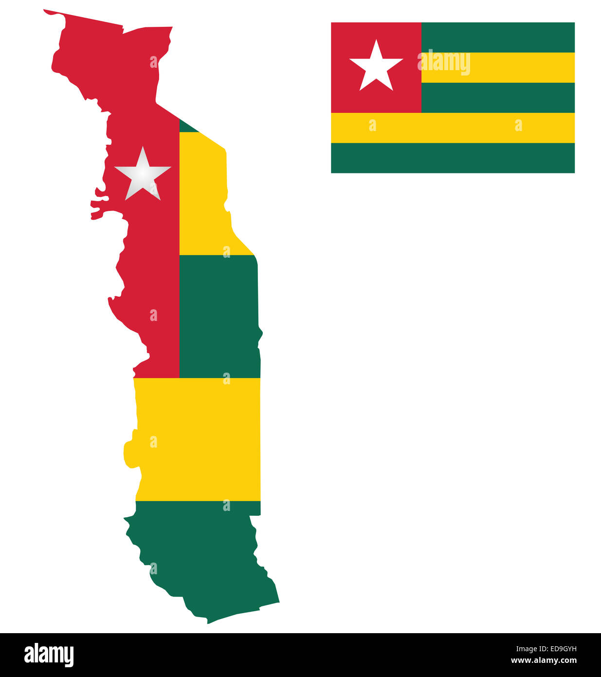 Bandiera della Repubblica del Togo sovrapposto su schema dettagliato mappa isolati su sfondo bianco Foto Stock