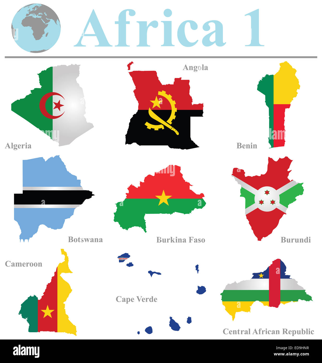 Bandiere di Africa collection 1 sovrapposto sulla mappa di contorno isolati su sfondo bianco Foto Stock