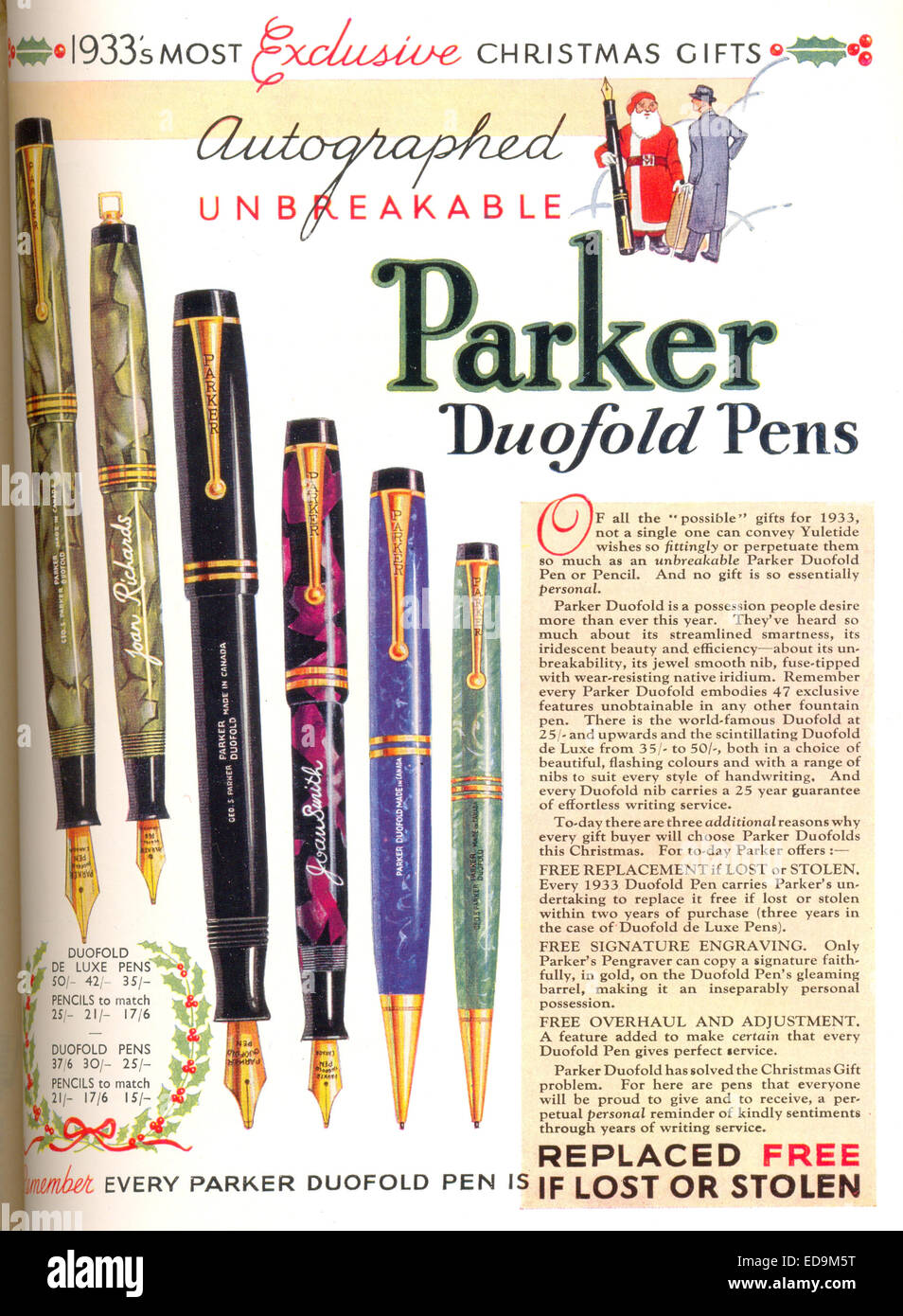 Pubblicità per Parker Duofold Pens Foto Stock