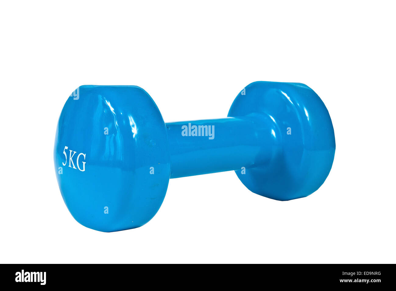 Ginnastica blu dumbbell rivestimento in vinile su sfondo bianco Foto Stock