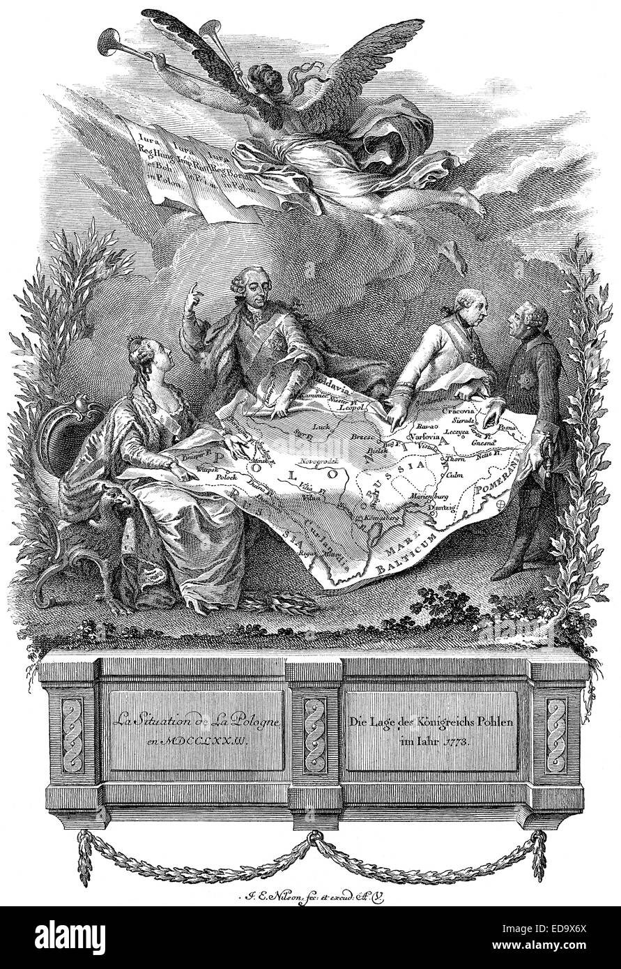 La situazione in Polonia nell'anno 1773, allegoria sulla prima partizione della Polonia tra Russia, Austria e Prussia, Zari Foto Stock
