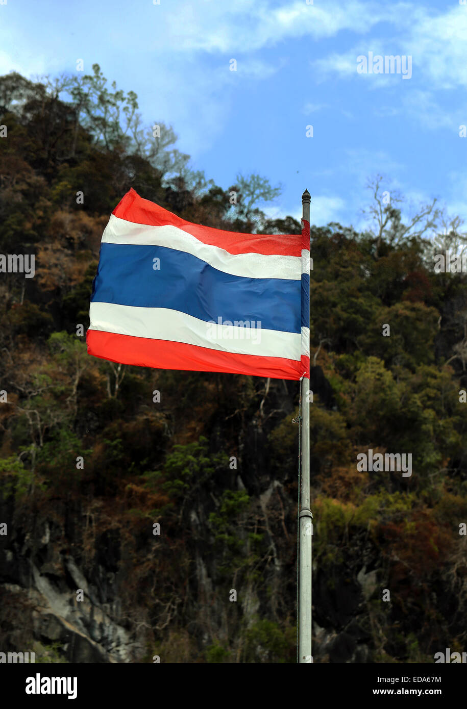 La bandiera della Thailandia sullo sfondo della giungla e il blu del cielo Foto Stock