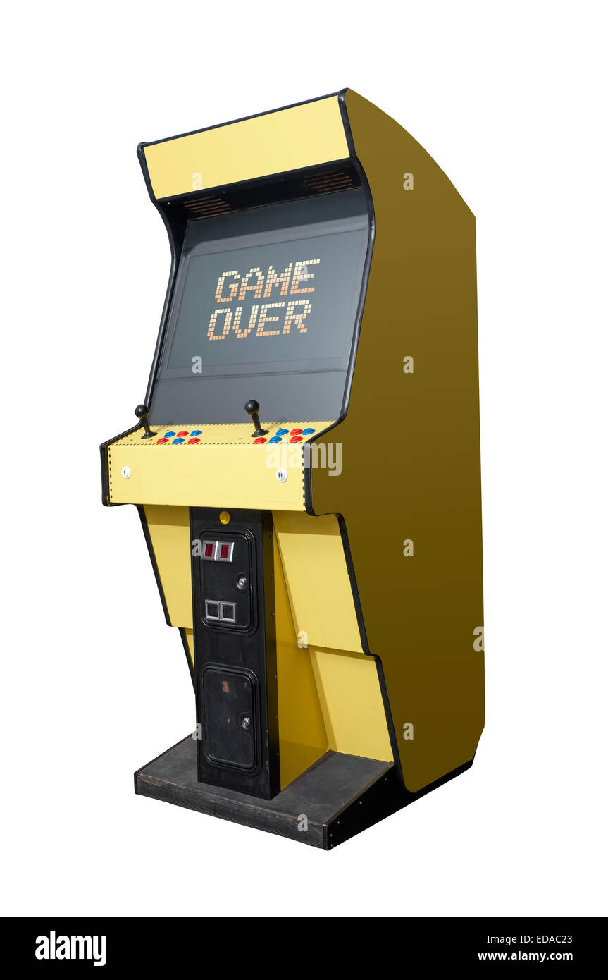 Messaggio di game over su un arcade retrò isolato su bianco Foto Stock