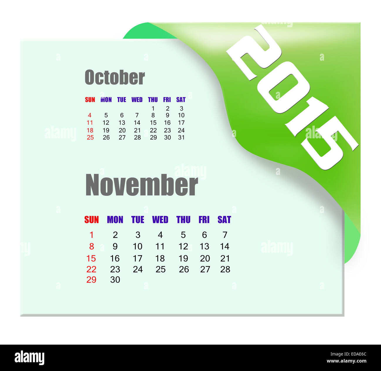 Novembre 2015 Calendario con il mese passato serie Foto Stock