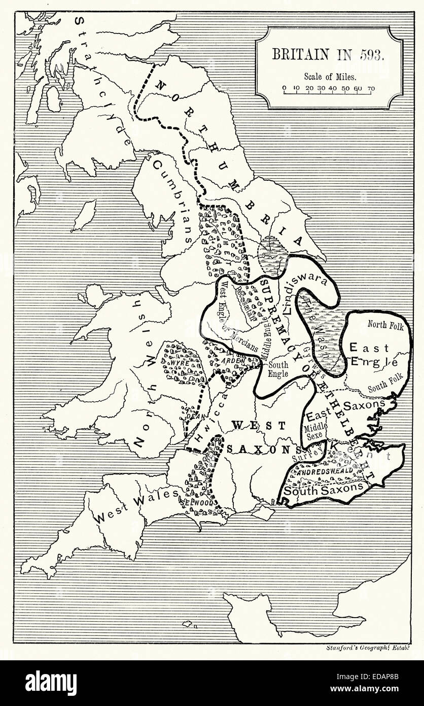 Mappa della Gran Bretagna nel 593 D.C. che mostra il sassone Regni di Inghilterra Foto Stock