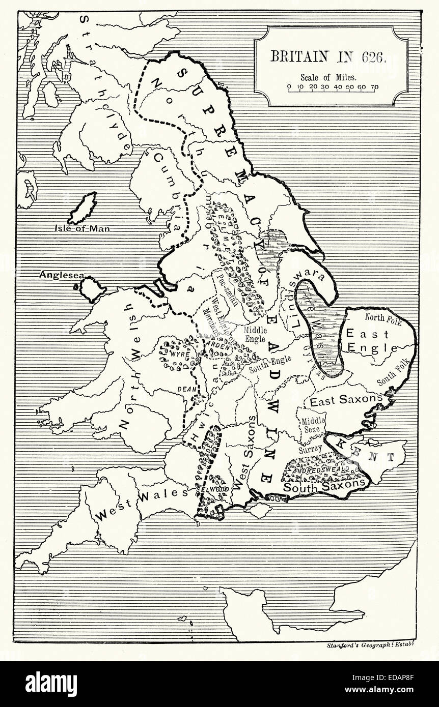 Mappa della Gran Bretagna nel 626 D.C. che mostra la supremazia del re Eadwine o Edwin di Northumbria Foto Stock