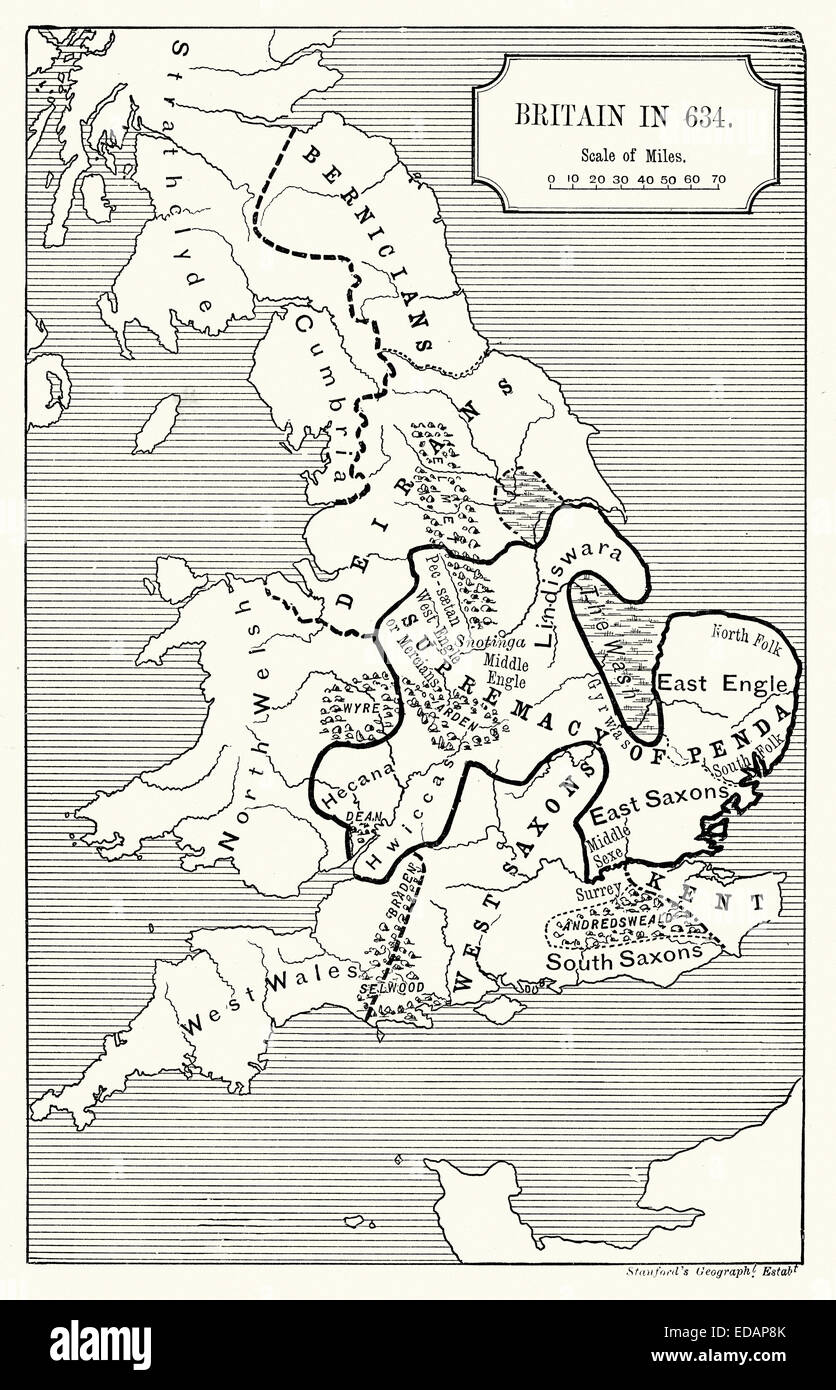Mappa della Gran Bretagna nel 634 D.C. che mostra la supremazia del re penda. Penda (morto il 15 novembre 655) era un 7th-secolo re di mercia, il Foto Stock