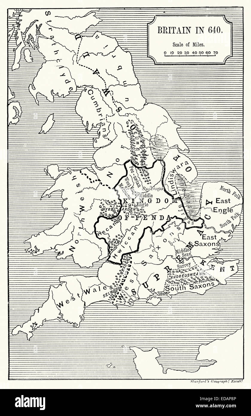 Mappa della Gran Bretagna nel 640 D.C. che mostra il regno di Re penda. Penda (morto il 15 novembre 655) era un 7th-secolo re di mercia, la A Foto Stock