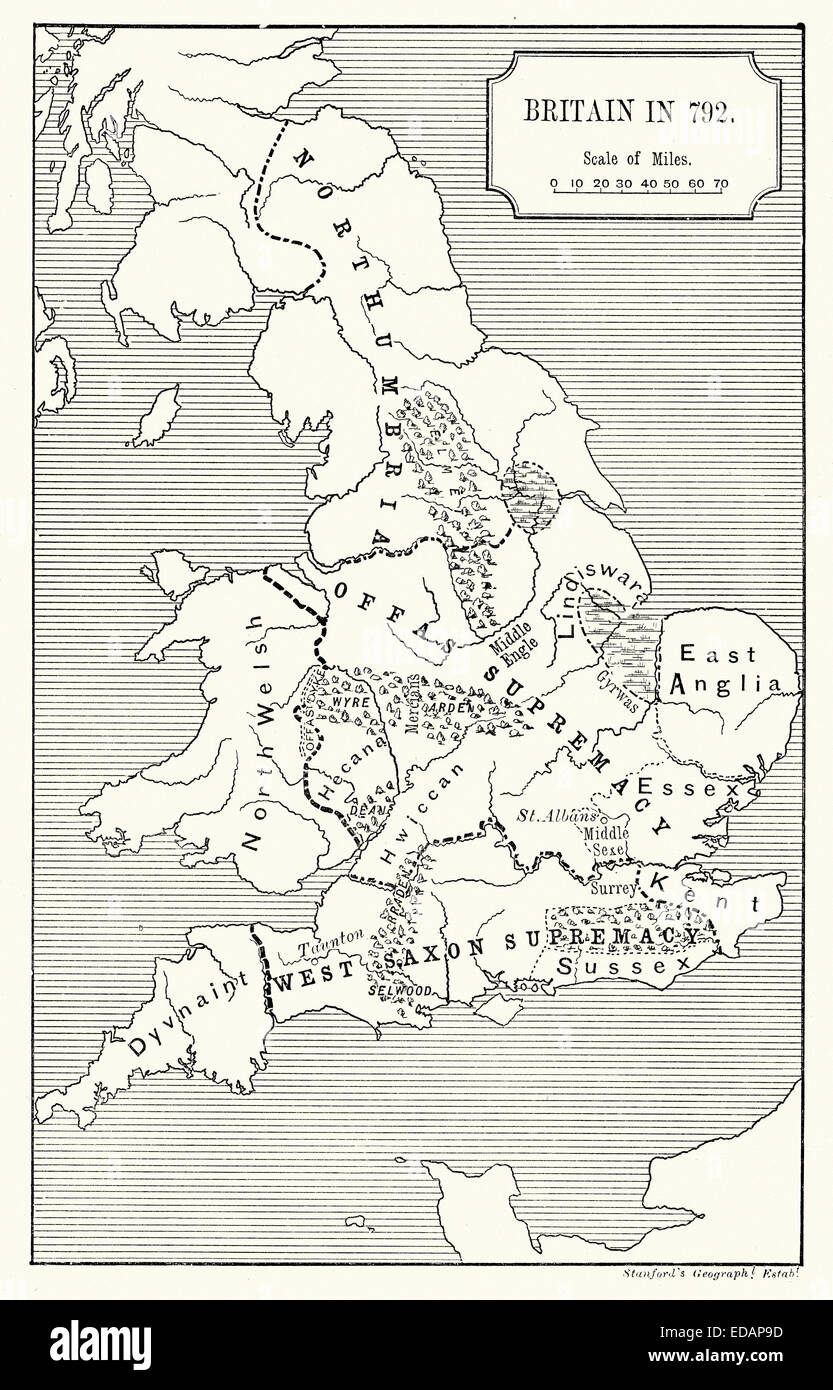 Mappa della Gran Bretagna nel 792 D.C. che mostra la supremazia di King Offa. Offa fu re di mercia, un regno di Inghilterra anglosassone, da 757 Foto Stock