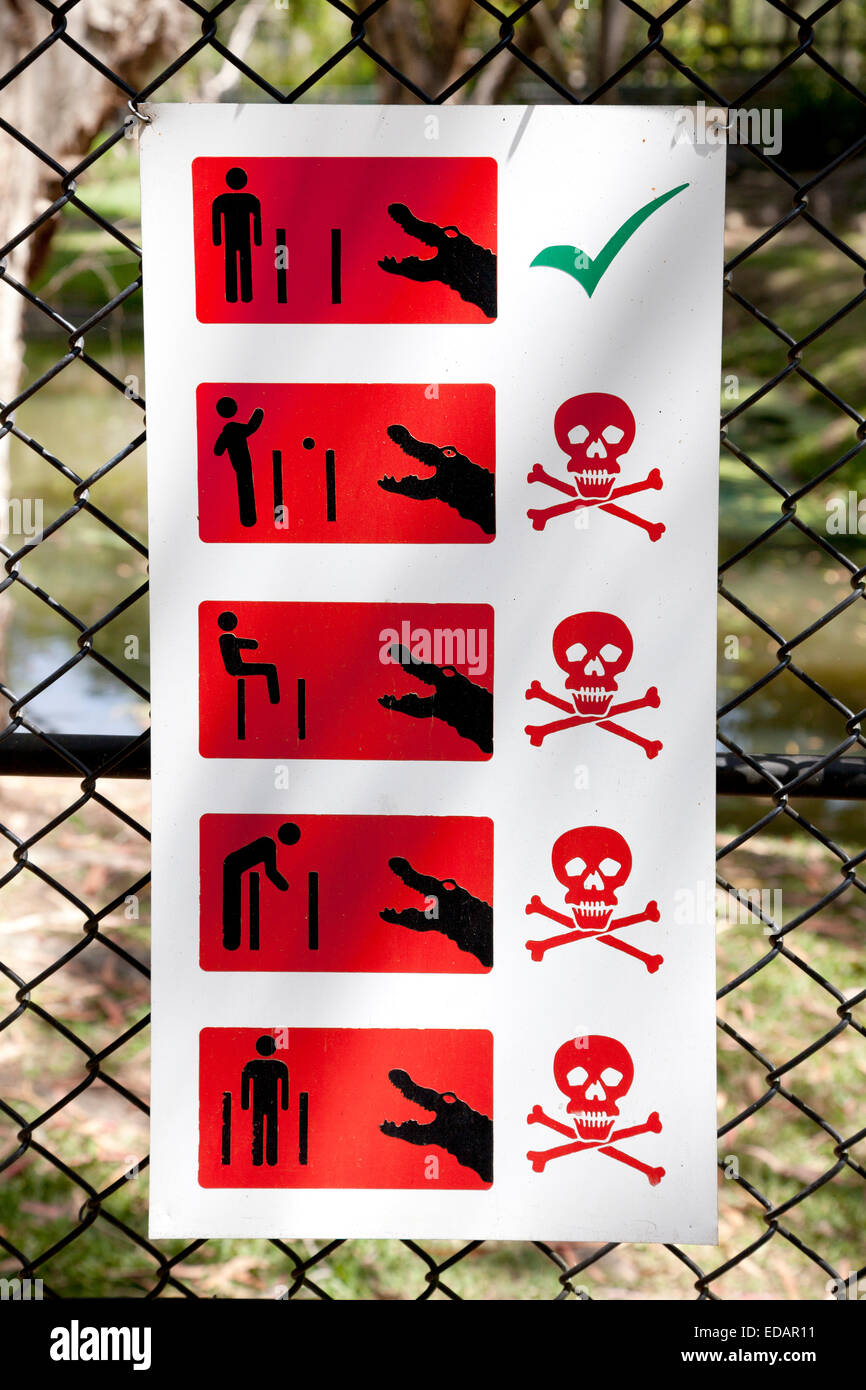 Segnale di avvertimento per i coccodrilli in Australian Zoo, Beerwah,l'Australia Foto Stock