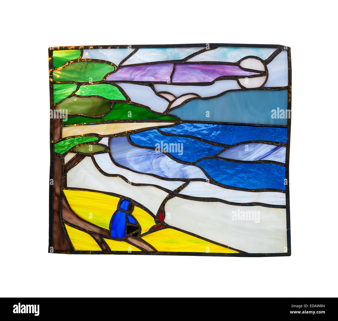 Fatte a mano in vetro colorato composizione con abstract il paesaggio costiero Foto Stock