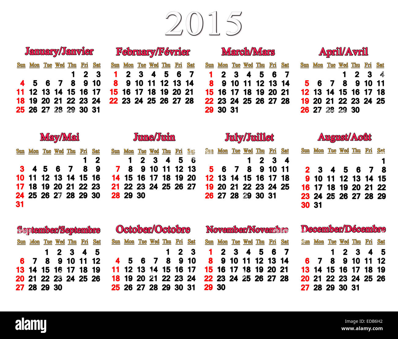 Ufficio usuali per il calendario 2015 anno sullo sfondo bianco Foto Stock