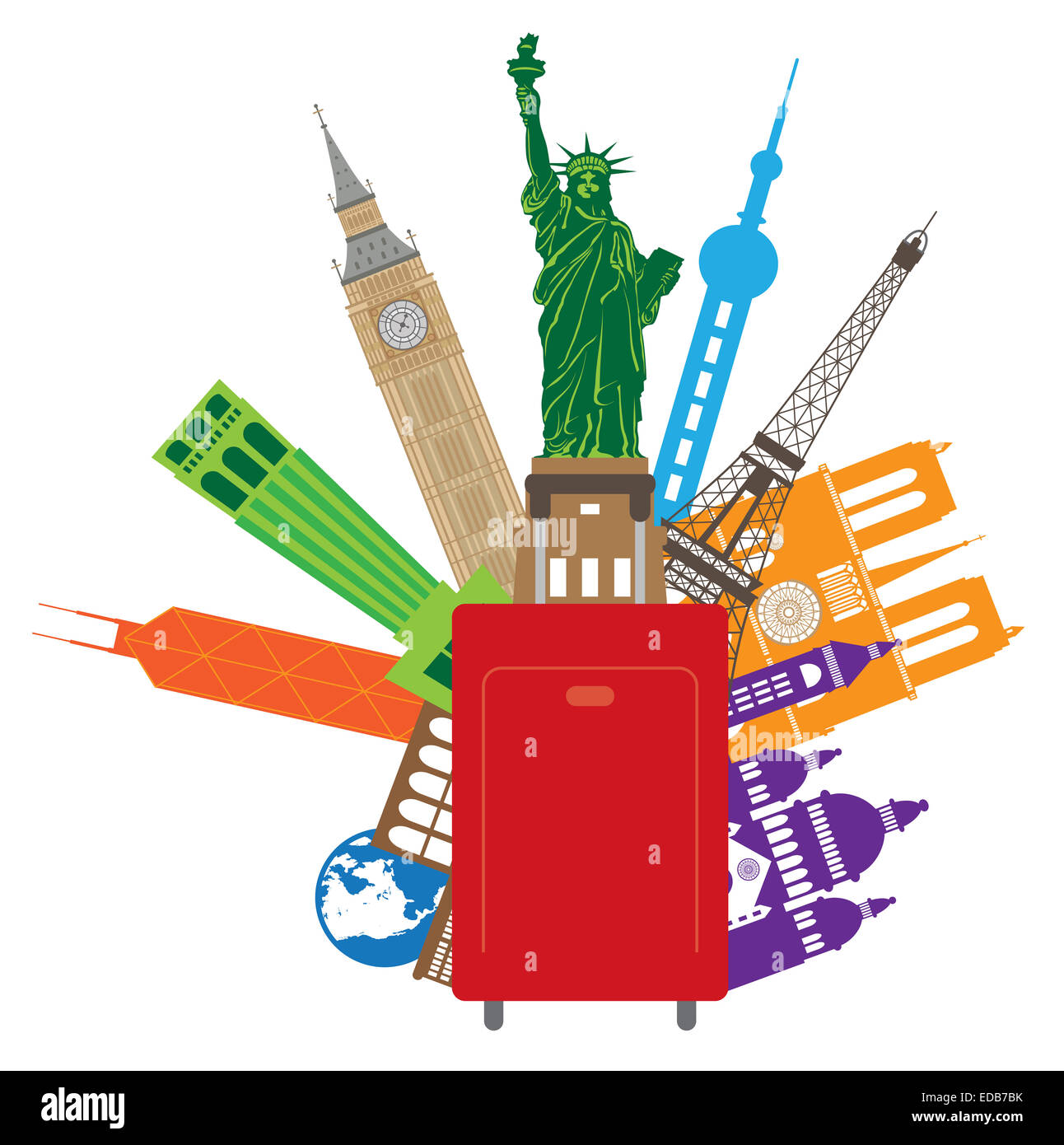 Bagaglio per i viaggi nel mondo con il paese di luoghi da Europa Asia Stati Uniti Illustrazione a colori Foto Stock