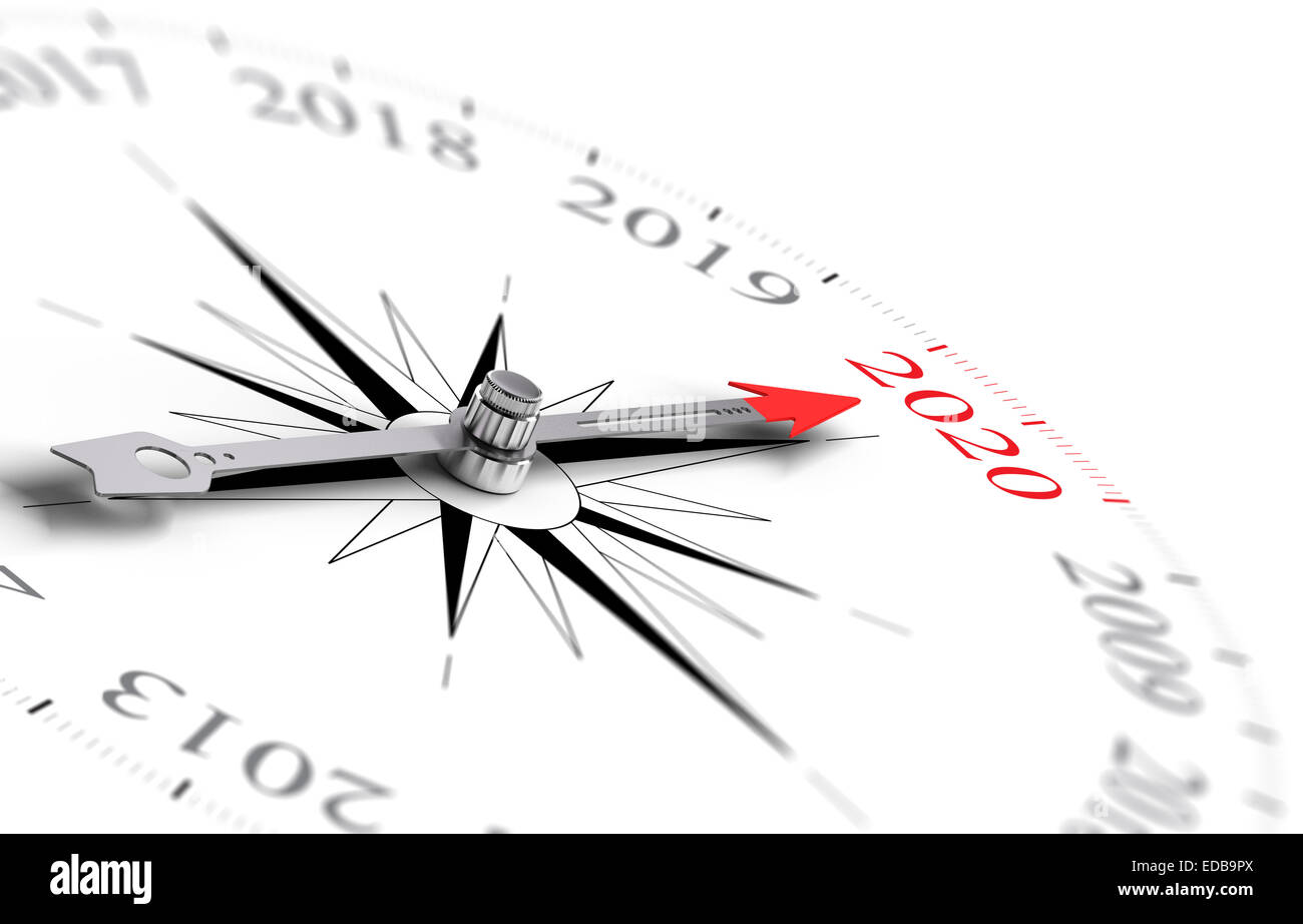 Bussola concettuale con l'ago rivolto verso l'anno 2020, nero e toni di rosso su sfondo bianco. Concetto di immagine per immagine Foto Stock