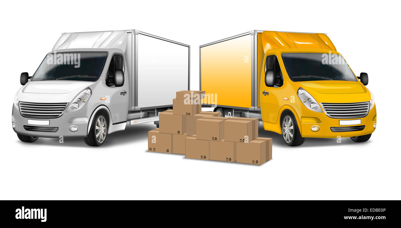 La consegna di pacchi van, la consegna delle merci, il trasporto, la logistica e le scatole di cartone, illustrazione Foto Stock