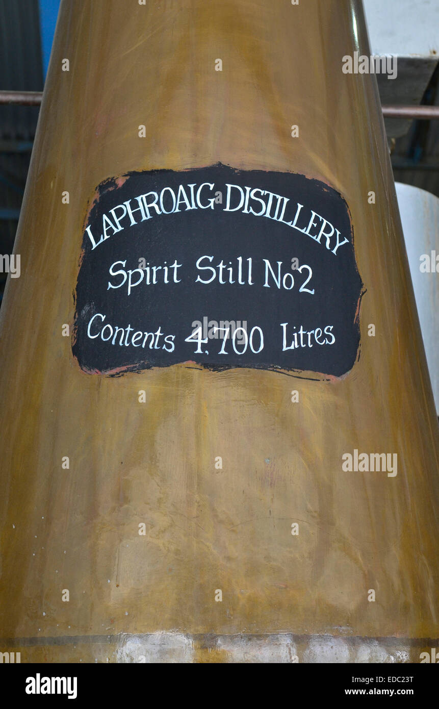 La Distilleria Laphroaig spirito ancora, Laphroaig distilleria di whisky, Islay, Scozia Foto Stock