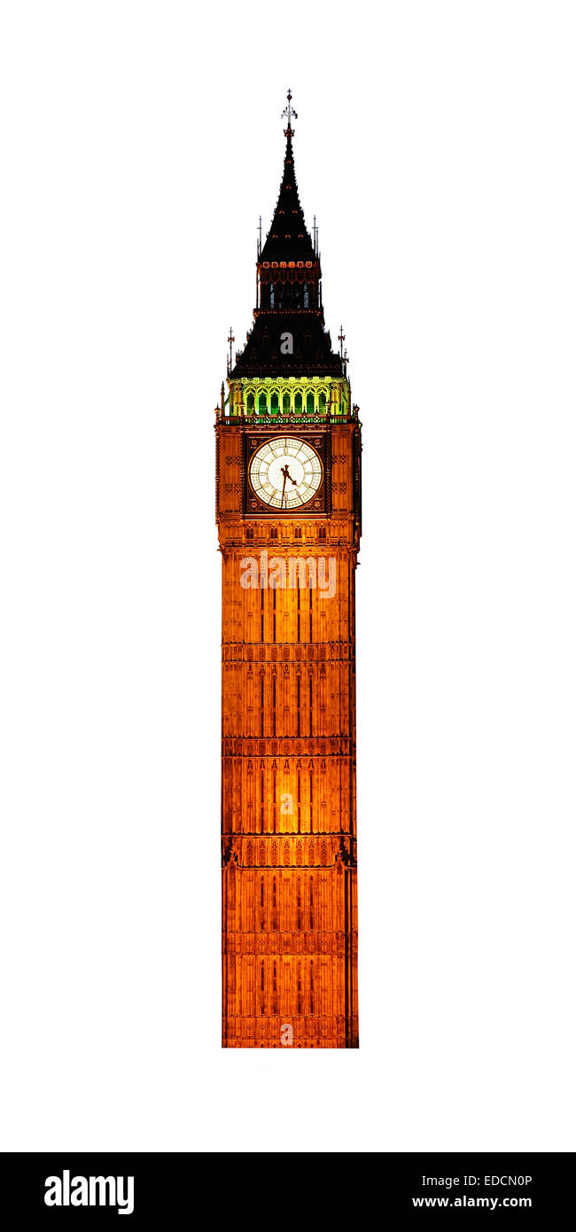 Famoso British clock tower Big Ben, isolata, su sfondo bianco Foto Stock