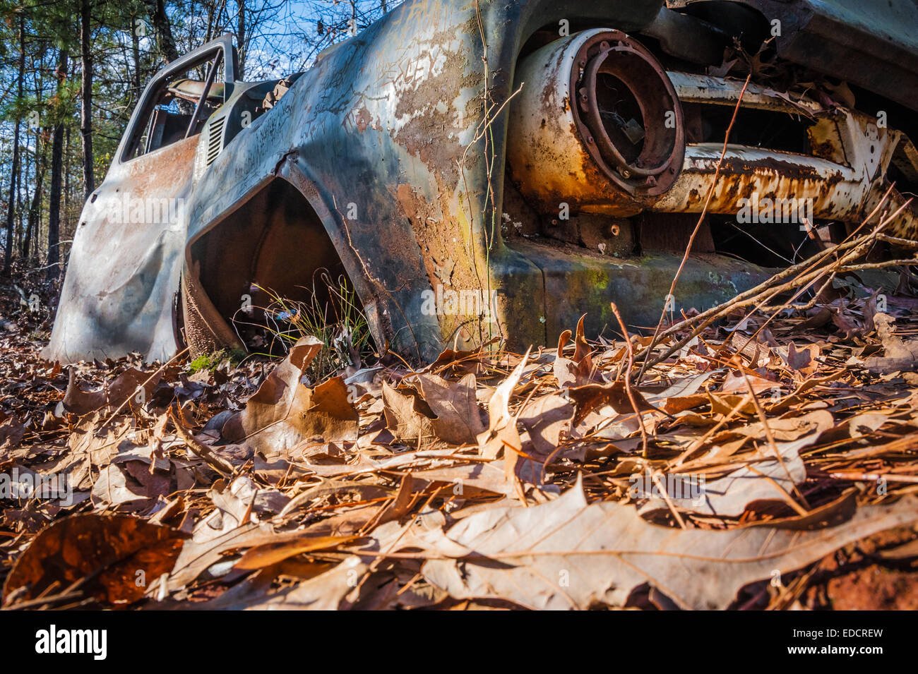 Vecchia auto abbandonate lungo un sentiero escursionistico a Providence Canyon State Park in Lumpkin, Georgia, Stati Uniti d'America. Foto Stock