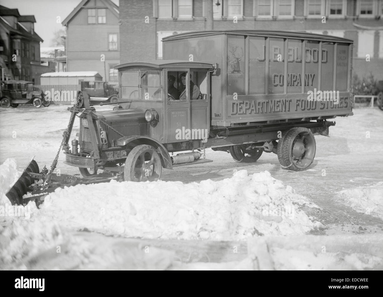 Antico risalente al 1910 fotografia, spartineve carrello dalla J.B. Società di sangue di Lynn, Salem e Malden, Massachusetts, STATI UNITI D'AMERICA. Foto Stock