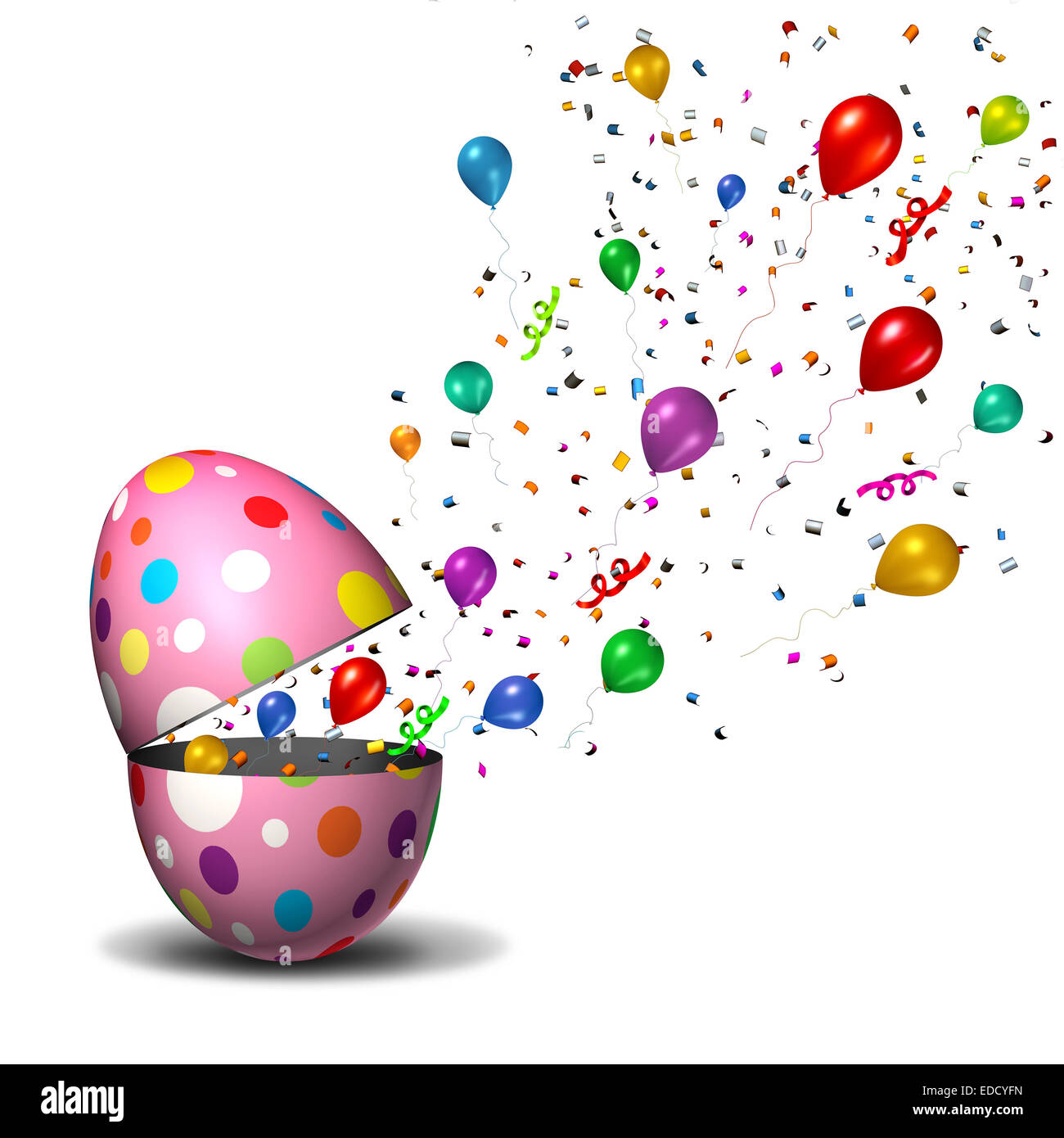 Pasqua felice celebrazione il concetto di partito come un uovo di pasqua con palloncini e festoso coriandoli battenti fuori del simbolo di vacanza. Foto Stock