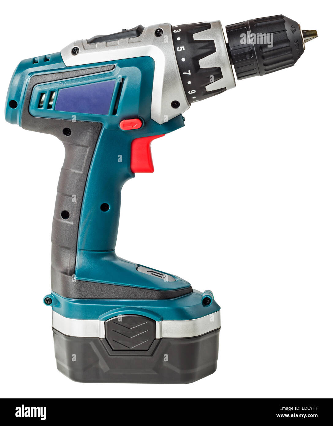 Giraviti, trapano elettrico isolato su uno sfondo bianco. Il file contiene un percorso di clipping. Foto Stock