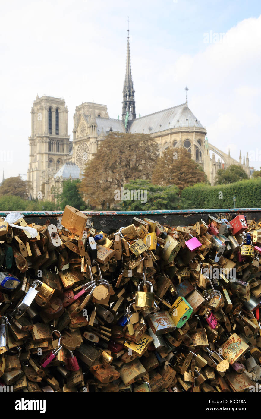 "L'amore" di bloccaggio ponte di Parigi, il Pont des Arts, con la cattedrale di Notre Dame dietro, in Francia, in Europa Foto Stock