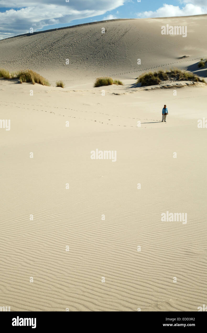 Una persona solitaria al giant Umpqua dune di sabbia in Oregon Foto Stock