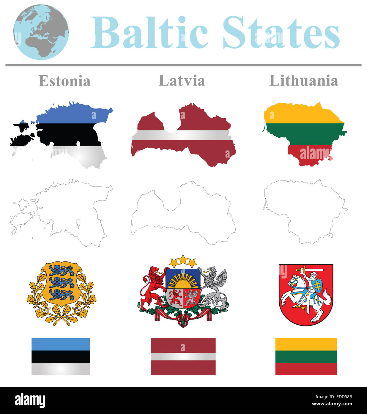 Bandiere degli Stati baltici collezione sovrapposto sulla mappa di contorno isolati su sfondo bianco Foto Stock