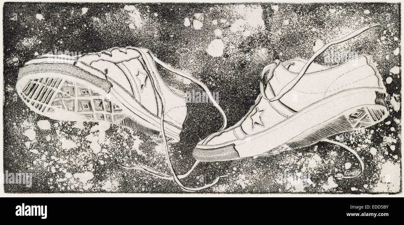 Incisione e familiarizzare raffigurante un paio di scarpe da ginnastica galleggianti in spazio esterno da Todd Strand Foto Stock