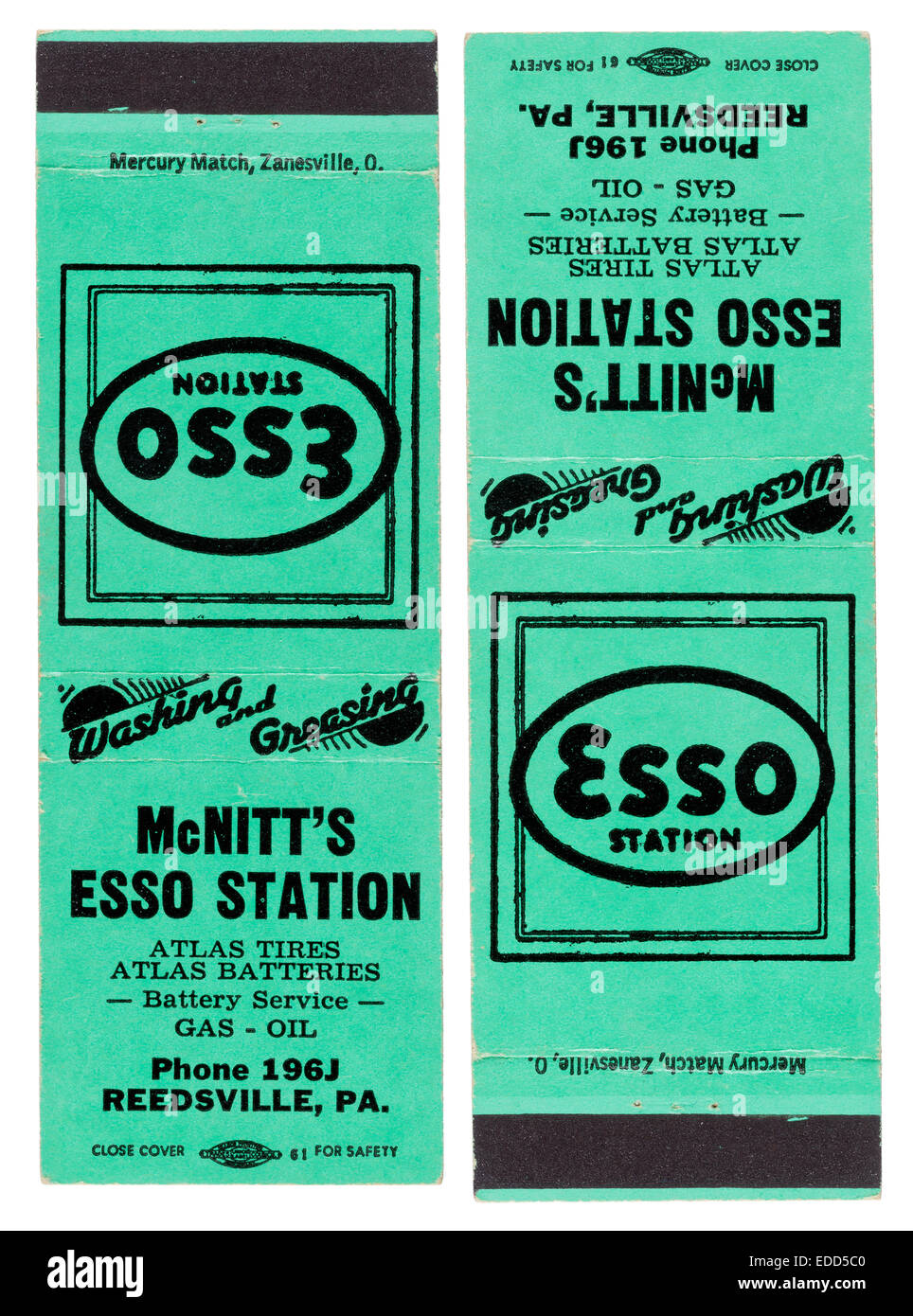 1940s vintage pubblicità matchbook Stewart McNitt''s esso gas station in Reedsville, Pennsylvania Foto Stock
