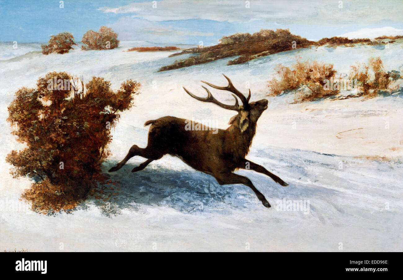 Gustave Courbet, cervi in esecuzione nella neve. Circa 1856-1857. Olio su tela. Bridgestone Museum of Art di Tokyo. Foto Stock