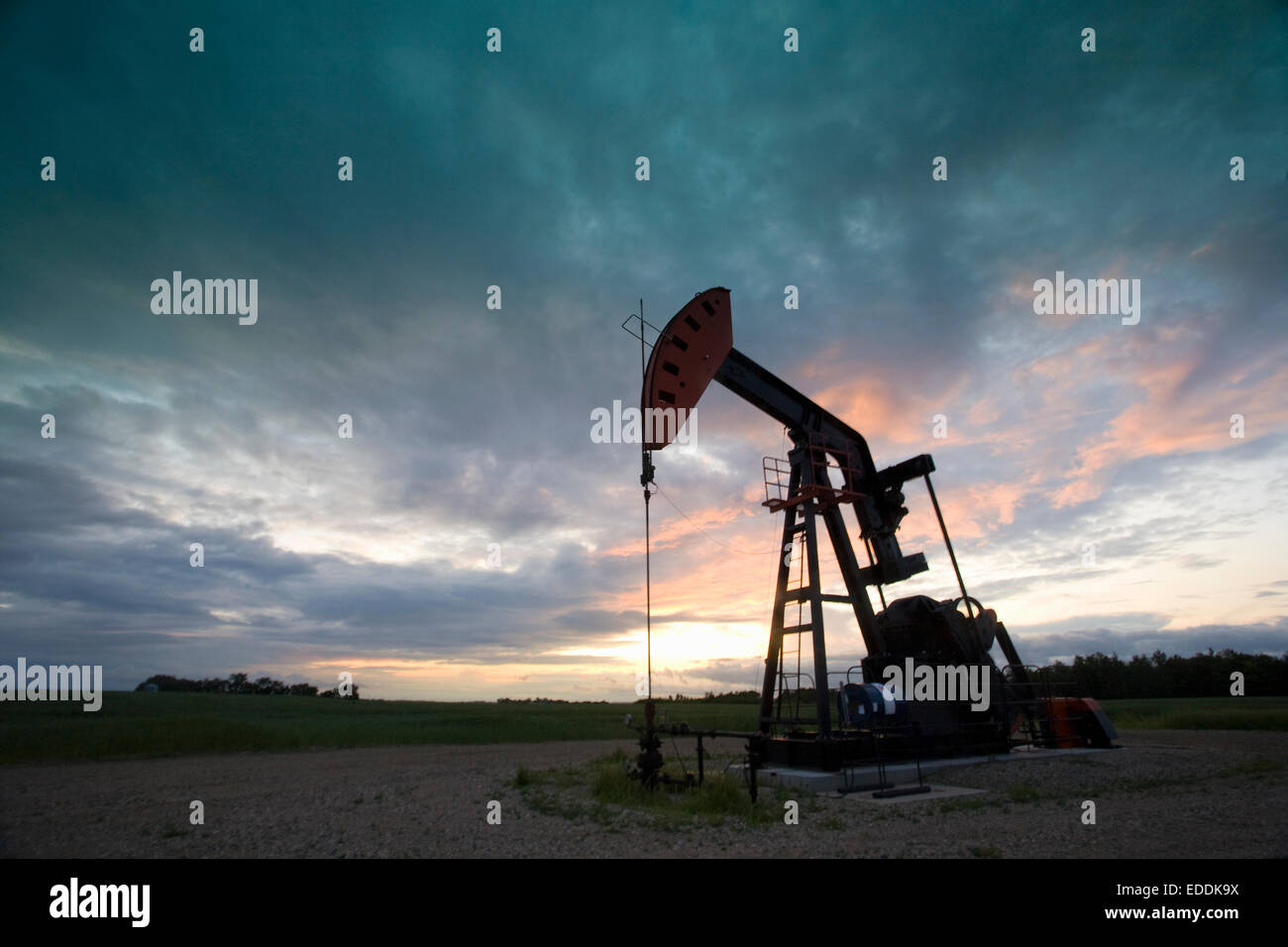 Un olio derrick, una testa pozzo che il braccio della pompa con il telaio, stagliano contro il cielo di sera. Il commercio di olio. Foto Stock