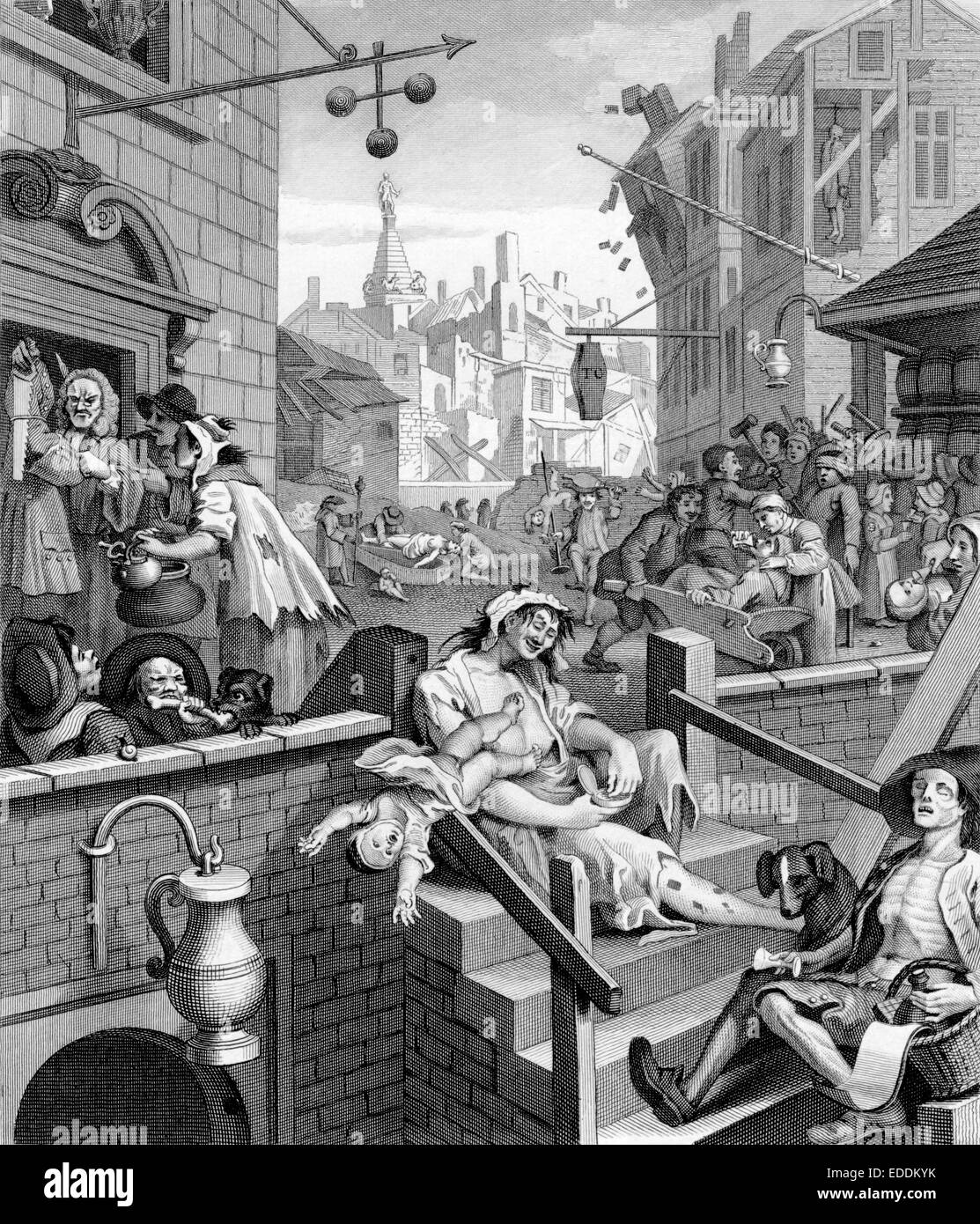 Strada di birra e Gin Lane sono due stampe rilasciate nel 1751 da artista inglese William Hogarth 1697-1764 a sostegno di quello che sarebbe diventato il Gin Act Foto Stock