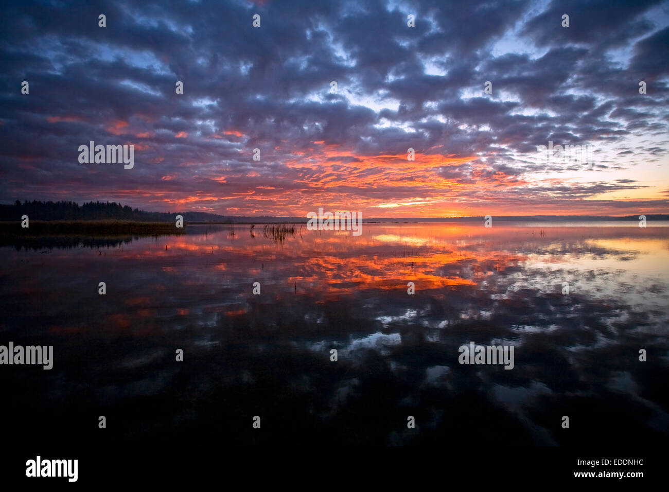 Cielo di tramonto riflesso in un lago, e nuvole nel cielo. Foto Stock