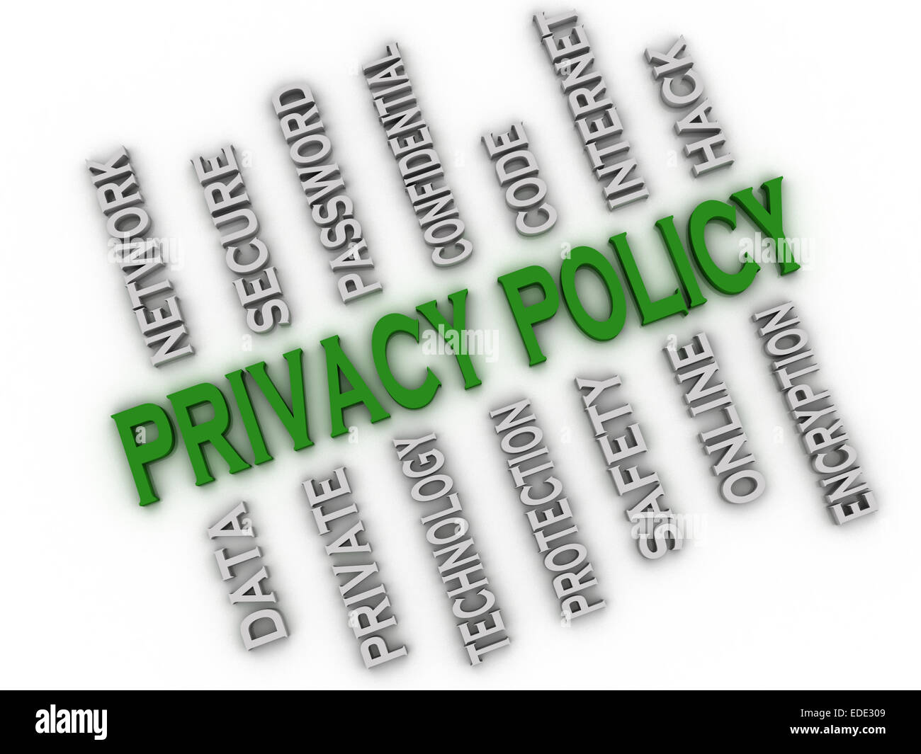 Immagine 3D Privacy policy problemi di parola concetto Sfondo nuvola Foto Stock