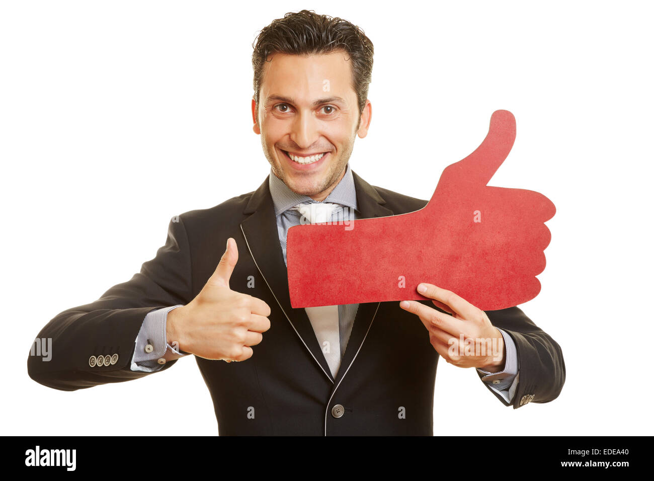 Happy businessman holding big social media pollice in alto Foto Stock