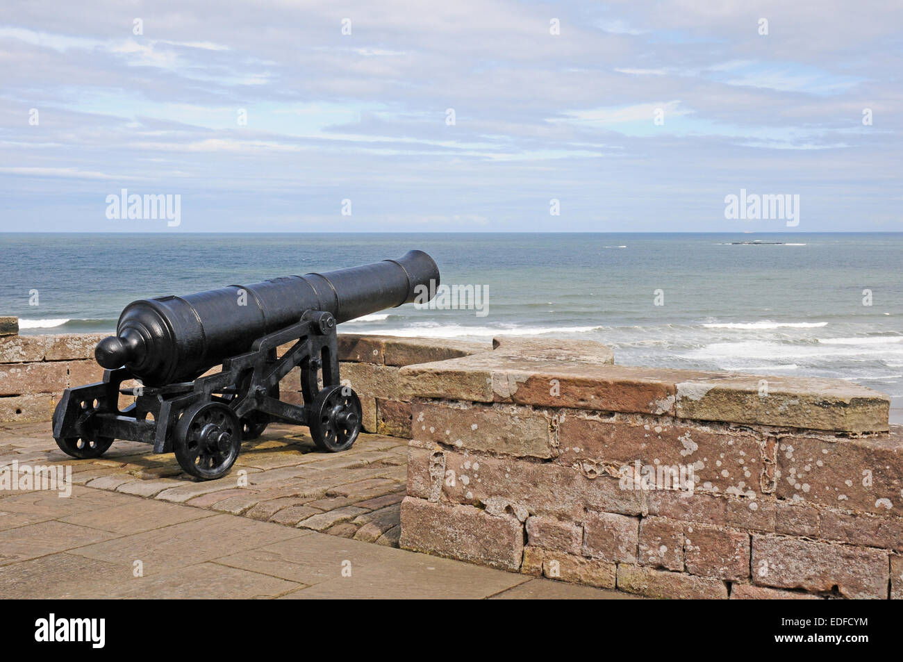 Il cannone sulle pareti del castello di Bamburgh. Foto Stock